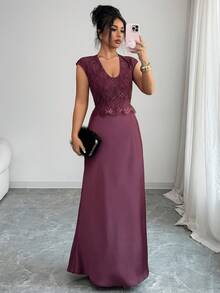 Elenzga 女士春夏法式浪漫西西里优雅休闲通勤度假下午茶婚礼派对纯色缎面绉纱蕾丝面料U领无袖修身鱼尾连衣裙 - 酒紅色 - 查看 5