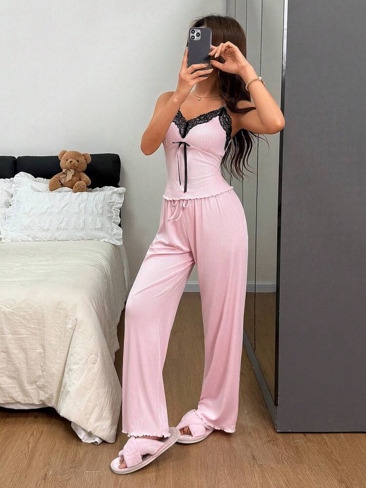 Set di pigiama da donna con pantaloni a gamba dritta e spalline, con dettagli in pizzo e colore a contrasto - Rosa - Visualizzare 5