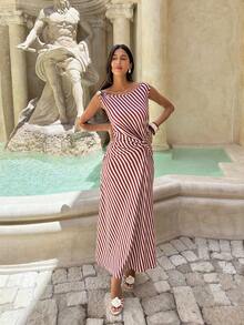 Serisse Women's Striped Metal Decor Cinched Waist Maxi Dress,Elegant White Summer Casual Brunch Party Dress,French Brown Off-Shoulder Knit Long Beach Dress - Brown - View 4