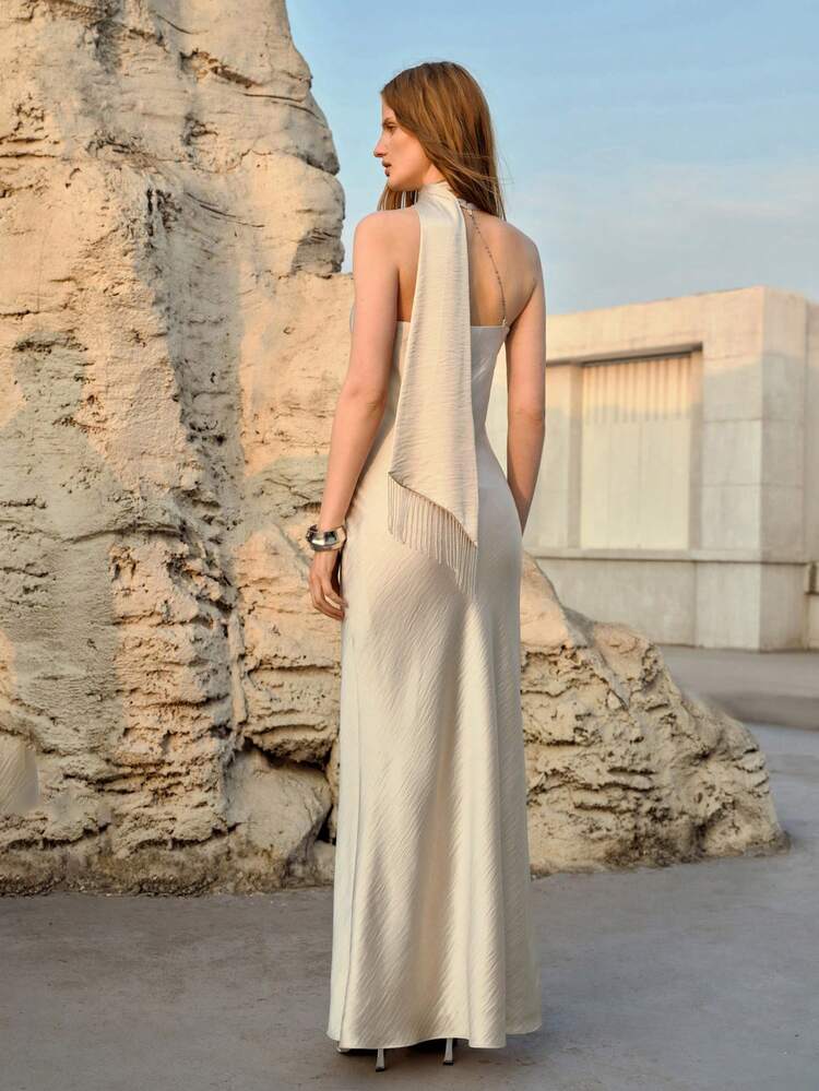 WOMEN'S BEADED TASSEL SASH BACKLESS DRESS, SATIN FORMAL GOWN