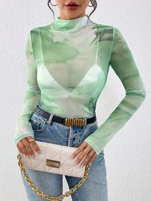 SHEIN Clasi Áo kiểu nữ thời trang gợi cảm in họa tiết tie-dye, cổ đứng, chất liệu xuyên thấu. - Màu xanh Cadet - Xem 4