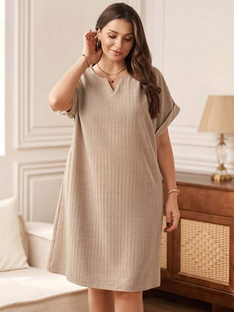 Plus Size Women's Summer Casual Vacation Country  Short Sleeve Solid Color Striped Dress With Pockets, ,Summer\Vacation,Summer Holiday,Spring Break Outfits ,Vacation Outfits Women ,Holiday Outfits For Women,Going Out Outfits,2026 New Clothes,Simple And Fashionable For Everyday Wear,Suitable For Summer, Vacation, Daily Wear,Suitable For Summer, Vacation, Daily Wear,Dresses For Women,Flowy Dress ,Beach Outfits For Women,Casual Vacation Boho Dress, Plus Size Dress With Pockets