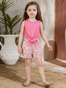 2pcs Young Girls Casual Sleeveless Top & Striped Shorts Set, Bow Design - Pink - View 6