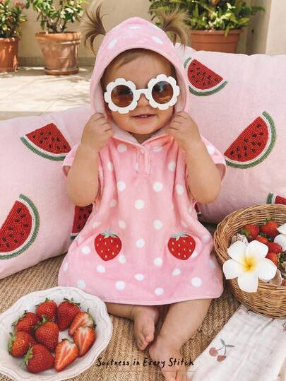 Cozy Pixies Baby Girl Strawberry Embroidery & Polka Dot Print Hooded Swimsuit Cover Up