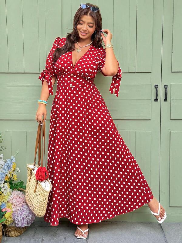 Vionelle Plus Size Women's French Style Casual Elegant Polka Dot V-Neck Waist Cinched Short Sleeve Dress Plus Size Dress Red Vacation Dress Vacation Dresses Woman Curve Red Polka Dot Dress Red Summer Dress Plus Cherry Dress Plus Size