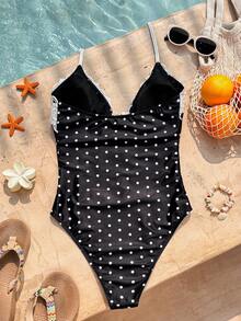 Swim Mod 新款波点蕾丝边连体泳衣，性感V领系带腰身，适合海滩、度假、约会 - 黑色 - 查看 5