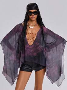 ROMWE Spring/Summer Y2K Sexy Chic Crystal Chain Decor Women's Deep Draped Neck Backless Flare Sleeve Blouse - Purple - View 6