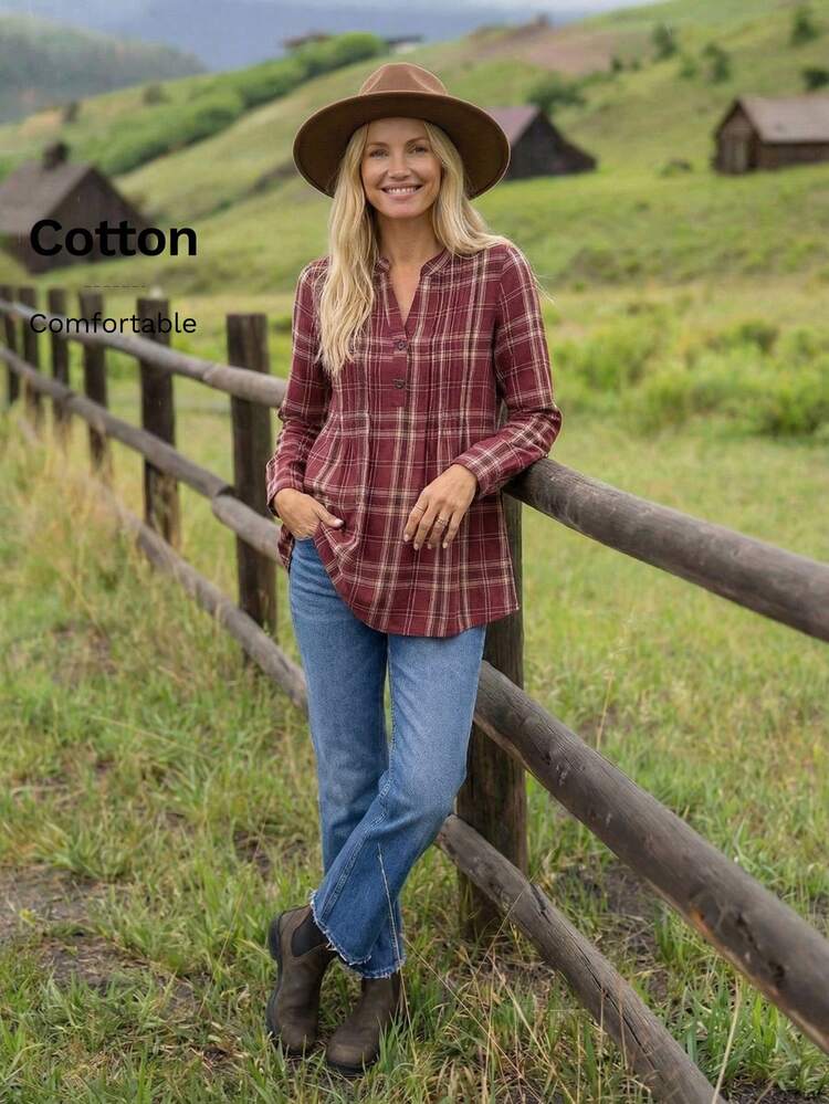 Ladies' Plaid Pleated Shirt