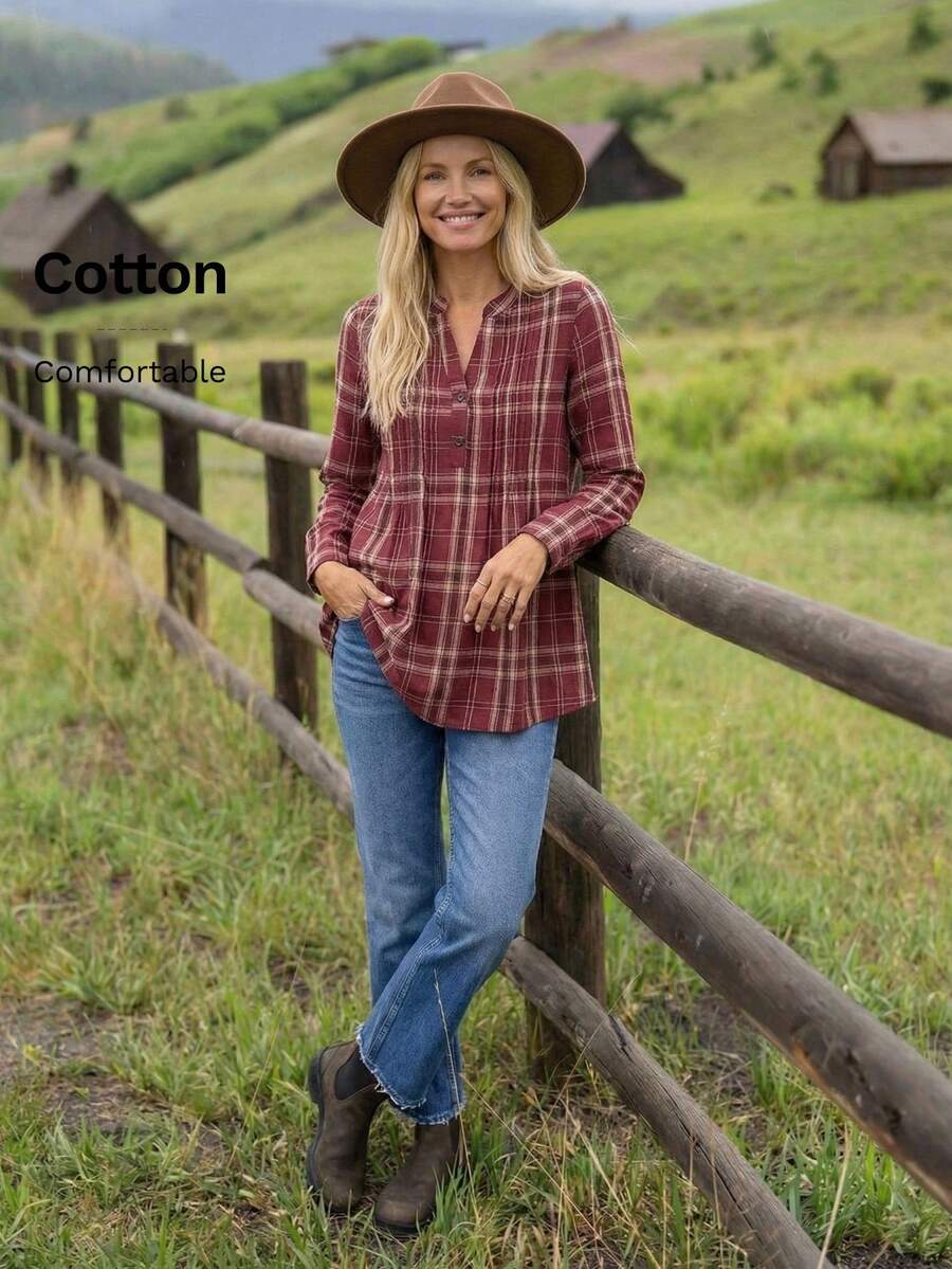 EMERY ROSE Ladies' Plaid Pleated Shirt - Burgundy - View 1