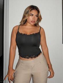 Maria Perezxox Women's Casual Everyday Commute Simple Solid Color Contrast Lace Fitted Cropped Camisole Tank Top, Summer - Black - View 4