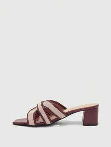 CUCCOO BIZCHIC Square Toe Striped Cross With Thick Heel Versatile Sandals, Square Toe Thick Heel Sandals, Simple And Fashionable Style, Suitable For Daily Wear Or Casual Occasions - Burgundy - View 4