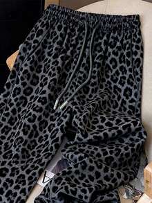 Resyla Pantalones de chándal con estampado de leopardo, moda callejera retro estadounidense Y2K para mujeres - Gris - Ver 3