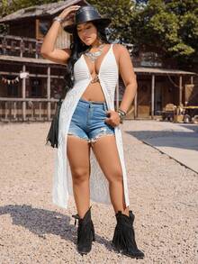 LanaWest CURVE Women's Sleeveless Hollow-Out Metal Buckle Knit Top, Spring/Summer - White - View 3