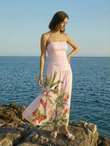 CAJUNI 女士度假风褶皱棕榈树印花休闲时尚吊带连衣裙 - 粉色 - 查看 5