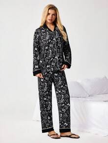 MONOPOLY X SHEIN Women's Geometric Print Single-Breasted Long Sleeve Top And Wide-Leg Pants Casual Loungewear Set - Black - View 4