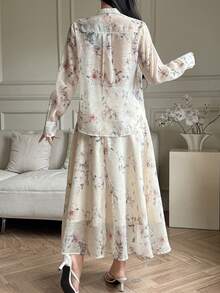 DAZY 女士印花宽松立领衬衫和宽松长裙优雅度假风两件套 - 杏色 - 查看 3