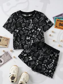 MONOPOLY X SHEIN 男婴全印花圆领短袖T恤和短裤休闲日常套装 - 黑色 - 查看 1