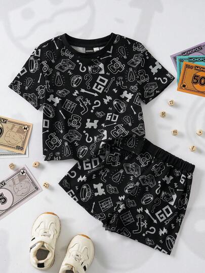 MONOPOLY X SHEIN 男婴全印花圆领短袖T恤和短裤休闲日常套装