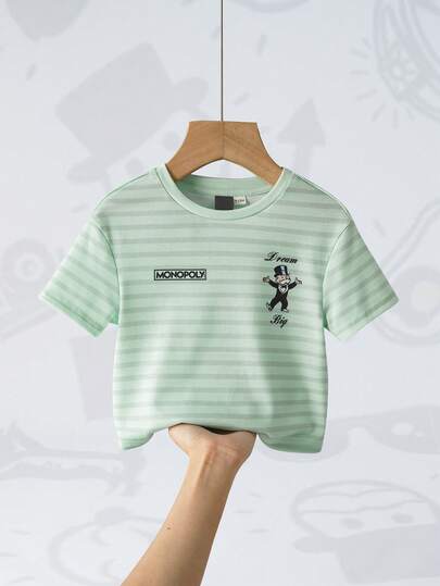 MONOPOLY X SHEIN 1pc Casual Style Baby Girls Crew Neck Short Sleeve Loose Comfortable Striped Infant & Toddler T-Shirt