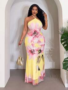 Slaydiva 2026 Summer New Arrivals: Birthday Party, Back To School, Preppy Style, Student Wear, Casual Outings, Basic Versatile, Casual, Vacation, Cruise Travel, Beach, Seaside, Sunbathing, Influencer Hot Items, Street Style, Millennial Sexy Girl, Halter Neck, Backless, Fresh Large Floral Pattern Mesh Women's Plus Long Dress - A - Multicolor - View 1