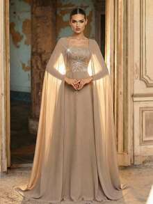 Aureia Vestido de gasa con bordado de lentejuelas gris-amarillo elegante y lujoso para mujer - Amarillo - Ver 2