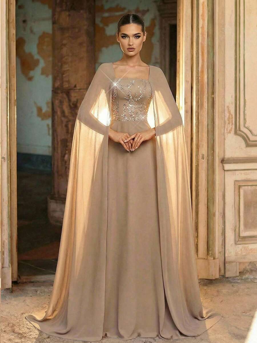 Aureia Vestido de gasa con bordado de lentejuelas gris-amarillo elegante y lujoso para mujer