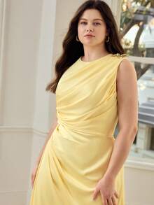 MOTF PREMIUM PLUS SIZE WOMEN'S PLEATED WAIST MIDI DRESS, SPRING/SUMMER - Light Yellow - View 5