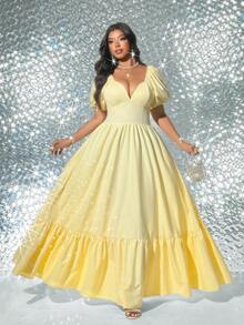 Viva Relle Vestido elegante plus size para encontros românticos com mangas pétala e babados na barra, amarelo manteiga. - Amarelo - Ver 5