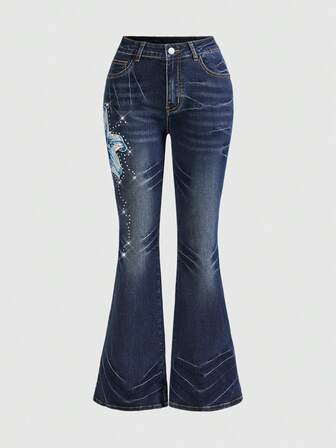 Grunge Punk Jeans de mujer con cintura súper baja, acampanados, con bordado de flores de lirio y cuentas, en estilo vintage lavado Y2K