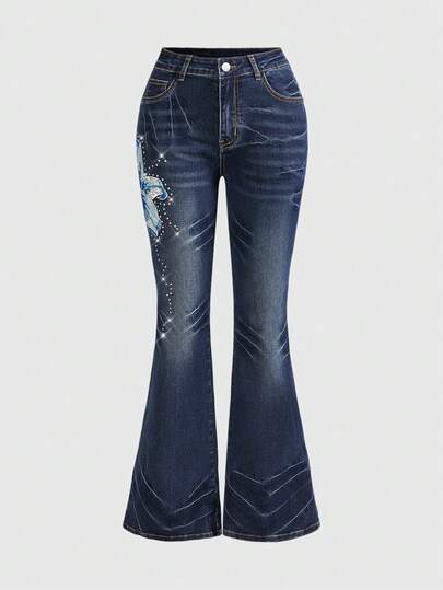 Grunge Punk Jeans de mujer con cintura súper baja, acampanados, con bordado de flores de lirio y cuentas, en estilo vintage lavado Y2K