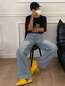 Livesso 女士度假休闲水洗高腰直筒牛仔裤 - 藍色 - 查看 3