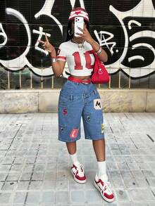 Slaydiva Women's Casual Fashion Street Daily Commute Letter Embroidery Patchwork Pocket Loose Wide Leg 3/4 Length Jeans - Blue - View 6