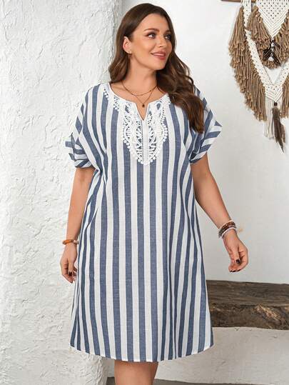 EMERY ROSE 大码女式早春短袖条纹连衣裙