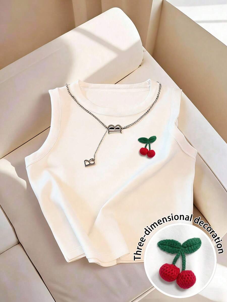 Resyla Áo camisole nữ mùa xuân/hè mới về, cổ tròn, ôm dáng, đa năng, họa tiết quả anh đào 3D. - trắng - Xem 1