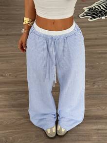 Muchica 女士藍色條紋織物寬褲，寬鬆版型休閒長褲 - 藍白色 - 查看 3