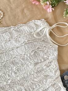 SHEIN 少女时尚优雅不对称领短袖上衣 - 米色 - 查看 3