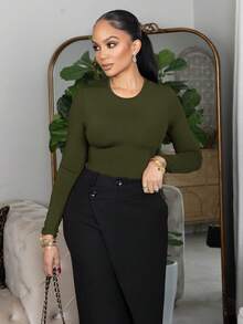 Melissa Matos Bodysuit Wanita Slim Fit Polos untuk Musim Semi, Wanita Bertubuh Mungil - Hijau Tentara - View 5