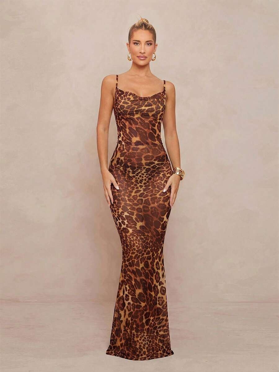 Lumalex 经典咖啡棕色豹纹深V领无袖透视修身鱼尾连衣裙，饰有系带细节 - 摩卡棕 - 查看 1