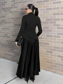 Melissa Matos City 优雅针织拼布高领长袖细肩带 A 字形连衣裙 - 黑色 - 查看 2