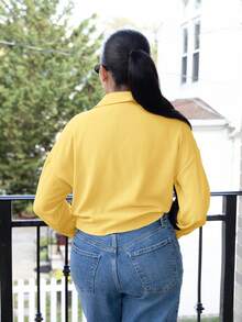 Melissa Matos 优雅法式编织领长袖系带开衫，新款夏季白色女式衬衫 - 黃色 - 查看 2