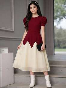 SHEIN Đầm dạ hội thanh lịch dáng chữ A tay phồng bằng vải organza trắng phối màu đỏ tía dành cho thiếu nữ. - Màu Đỏ Sâu - Xem 3