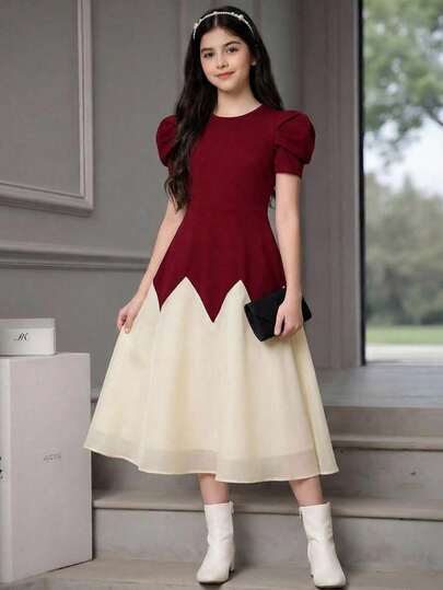 SHEIN Vestido formal elegante de noche de línea A con mangas gigot de organza blanca y parches burdeos para adolescentes