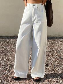 DAZY Women's Casual White Pocket Wide Leg Jeans, Spring/Summer - White - View 5