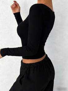 DAZY Áo thun nữ tay dài cổ vuông dáng ôm vừa vặn, kiểu áo croptop thường ngày. - màu đen - Xem 4