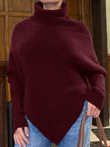 Bethéva 女式露肩裹身酒红色超长毛衣，秋冬 - 酒紅色 - 查看 3