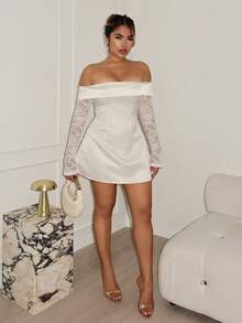 Maria Perezxox 女士优雅露肩蕾丝拼接迷你连衣裙，适合生日派对、返校节、毕业舞会、姐妹聚会、下午茶 - 杏色 - 查看 6