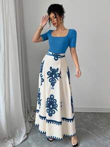 Rafferiza 女士优雅修身腰带旗袍式印花短袖连衣裙夏季大学生服装 - 藍色 - 查看 5