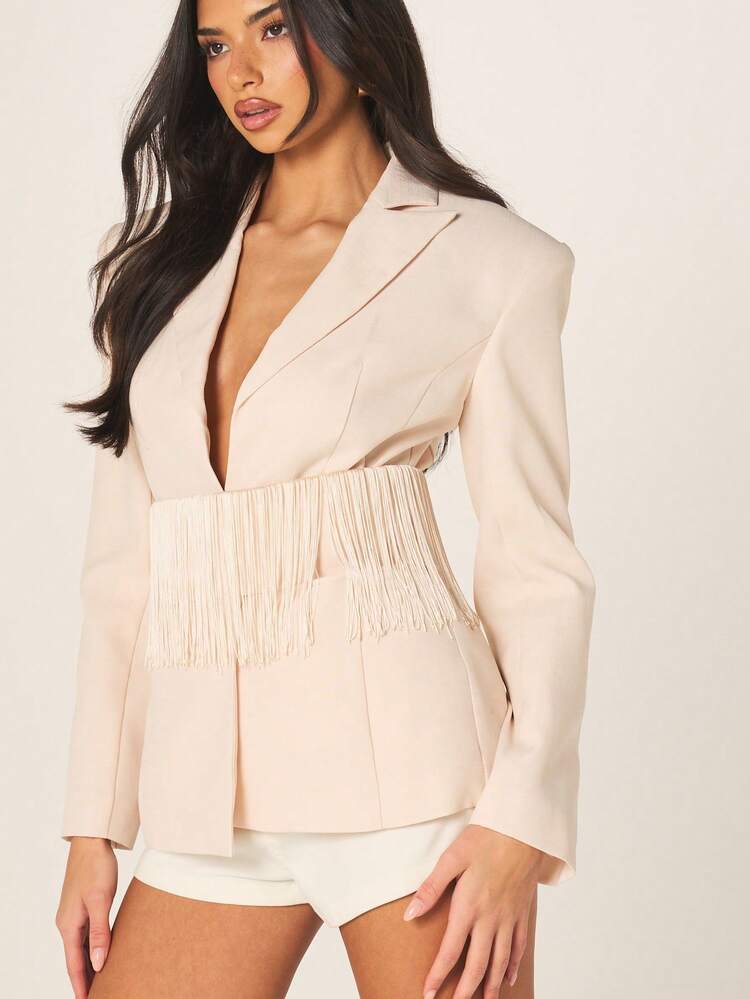MISSGUIDED Beige Tassel Fringe Belted Waist Blazer Jacket With Lapel Collar Long Sleeve Button Closure Professional Office Work Wear Fall Winter