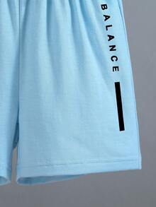 SHEIN Streecool Kids Bộ 2 món cho bé trai: Áo thun ngắn tay in chữ và quần short cạp chun, trang phục thường ngày. - Màu xanh ngọc - Xem 5