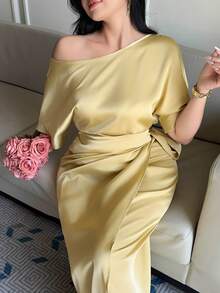 Dazy Plus Đầm maxi dự tiệc cỡ lớn, màu trơn, chất liệu taffeta, tay ngắn, trễ vai, ôm sát, thắt eo, thích hợp cho mùa xuân/hè. - Màu Mù tạt vàng - Xem 3